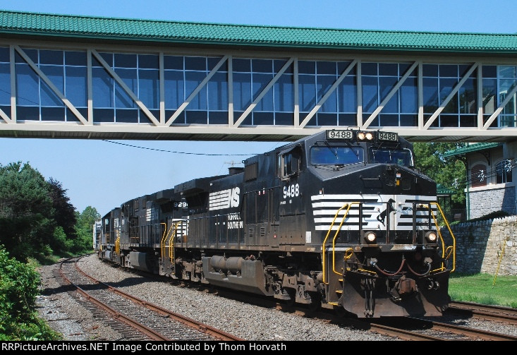 A late running NS 10N Passes beneath Hershey's pedestrian bridge